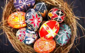 Easter eggs in a basket close-up. Easter eggs in a basket close-up. Symbol of Christian holidays.